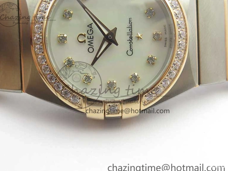 0212 NewStyle Constellation Ladies 27mm ZF 1:1 Best Edition SS RG White MOP Dial Diamonds Bezel & Markers on SS RG Bracelet ETA Quartz 7943